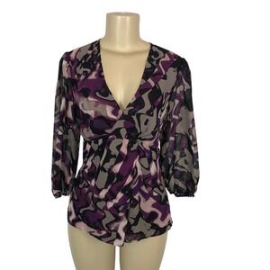 Ann Taylor Multicolor Print V-Neck Faux Wrap Blouse Top Size 4 Business Office